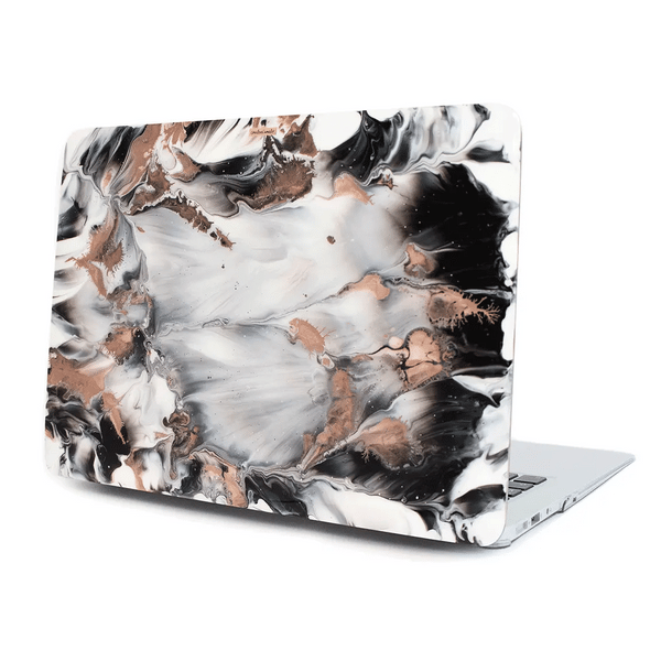 Funda para MacBook, pintada a mano por Ana Tere Canales. Un diseño inspirado en la elegancia del mármol con colores blanco, negro y rose gold.