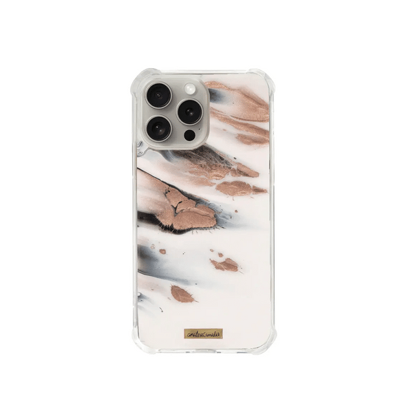 Funda para proteger iPhone, pintada a mano por Ana Tere Canales. Un diseño inspirado en la elegancia del mármol con colores blanco, negro y rose gold.