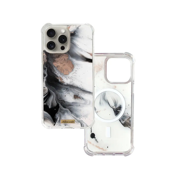 Funda magsafe para proteger iPhone, pintada a mano por Ana Tere Canales. Un diseño inspirado en la elegancia del mármol con colores blanco, negro y rose gold.