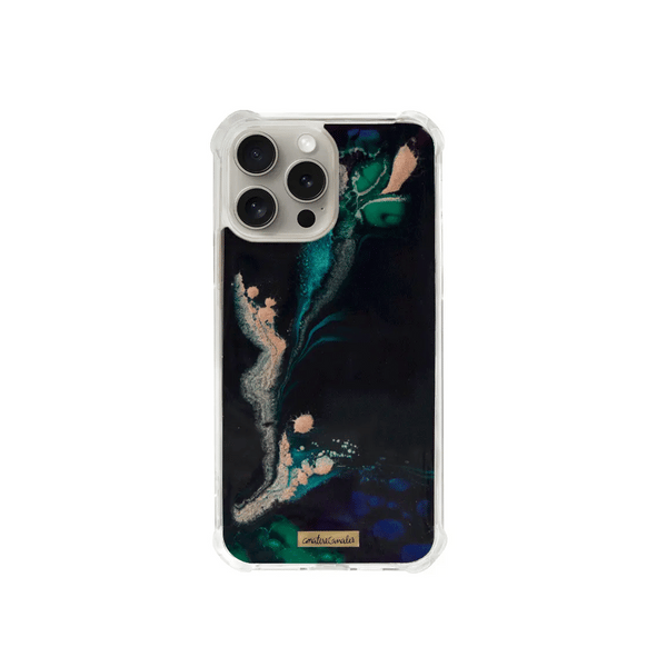 Funda para proteger iPhone, pintada a mano por Ana Tere Canales. Un diseño en colores azules, verde y dorado. Inspirado en nuestro mundo interior, conectar con nuestra esencia, escuchar a nuestro corazón.