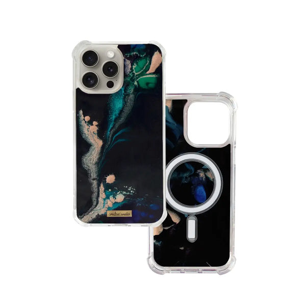 Funda magsafe para proteger iPhone, pintada a mano por Ana Tere Canales. Un diseño en colores azules, verde y dorado. Inspirado en nuestro mundo interior, conectar con nuestra esencia, escuchar a nuestro corazón.