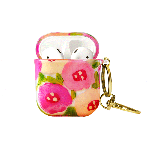 Funda para proteger AirPods, pintada a mano por Ana Tere Canales. Un diseño de flores rosadas elegante en tonos rosa suaves.
