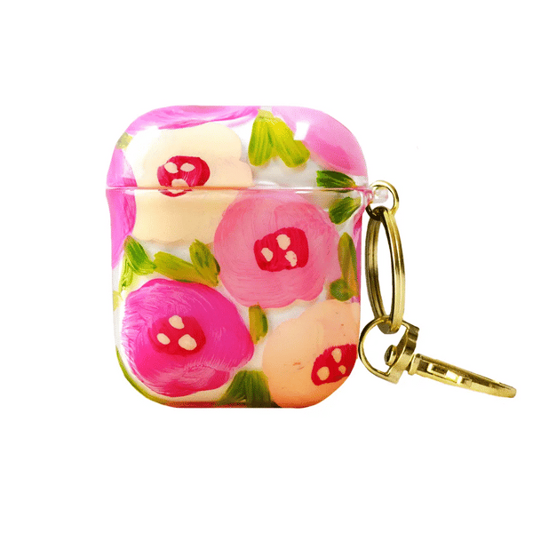 Funda para proteger AirPods, pintada a mano por Ana Tere Canales. Un diseño de flores rosadas elegante en tonos rosa suaves.