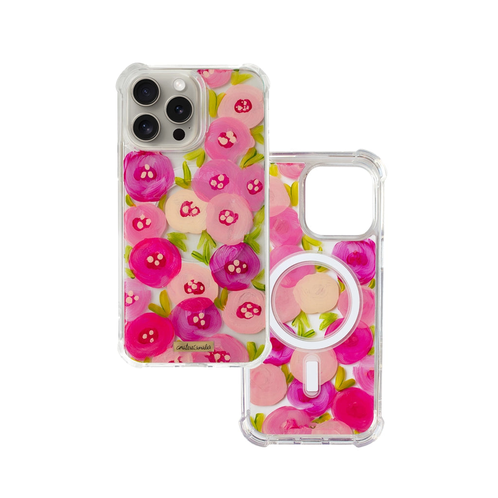 Funda MagSafe para proteger iPhone, pintada a mano por Ana Tere Canales. Un diseño de flores rosadas elegante en tonos rosa suaves.