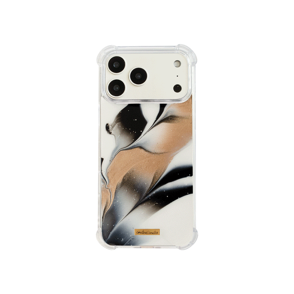 Funda para proteger iPhone, pintada a mano por Ana Tere Canales. Un diseño inspirado en la elegancia del mármol con colores blanco, negro y rose gold.