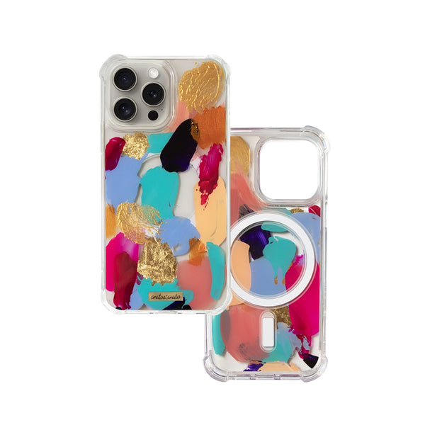 Funda MagSafe para proteger iPhone, pintada a mano por Ana Tere Canales. Un diseño abstracto, vibrante y lleno de color.