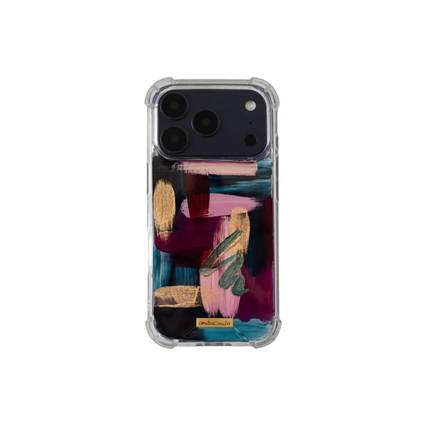 Funda para proteger iPhone, pintada a mano por Ana Tere Canales. Un diseño con tonalidades rosas, azules, vino y rose gold.