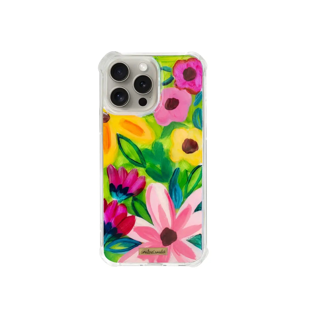 Funda para proteger iPhone, pintada a mano por Ana Tere Canales. Un diseño de flores.