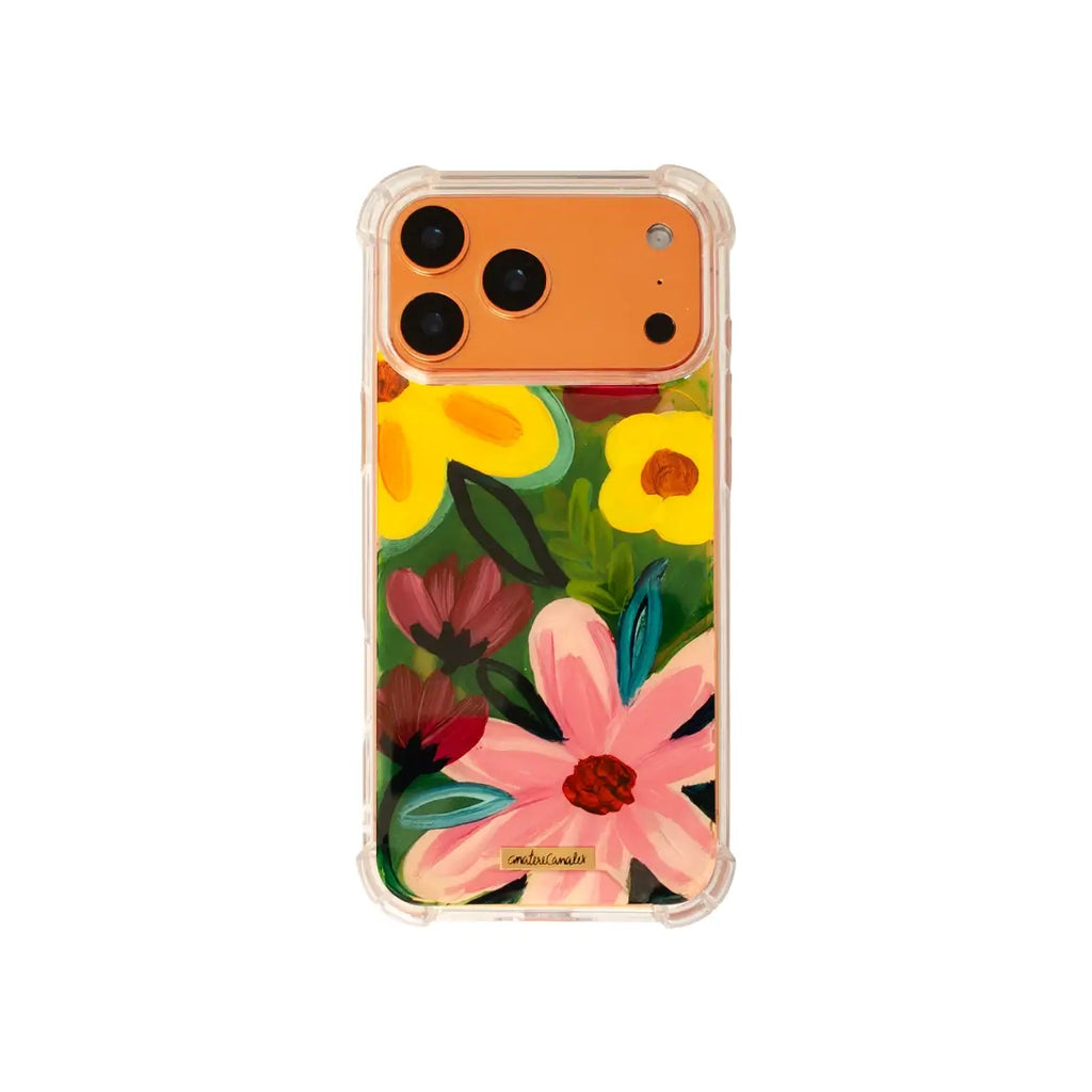 Funda para proteger iPhone, pintada a mano por Ana Tere Canales. Un diseño de flores.