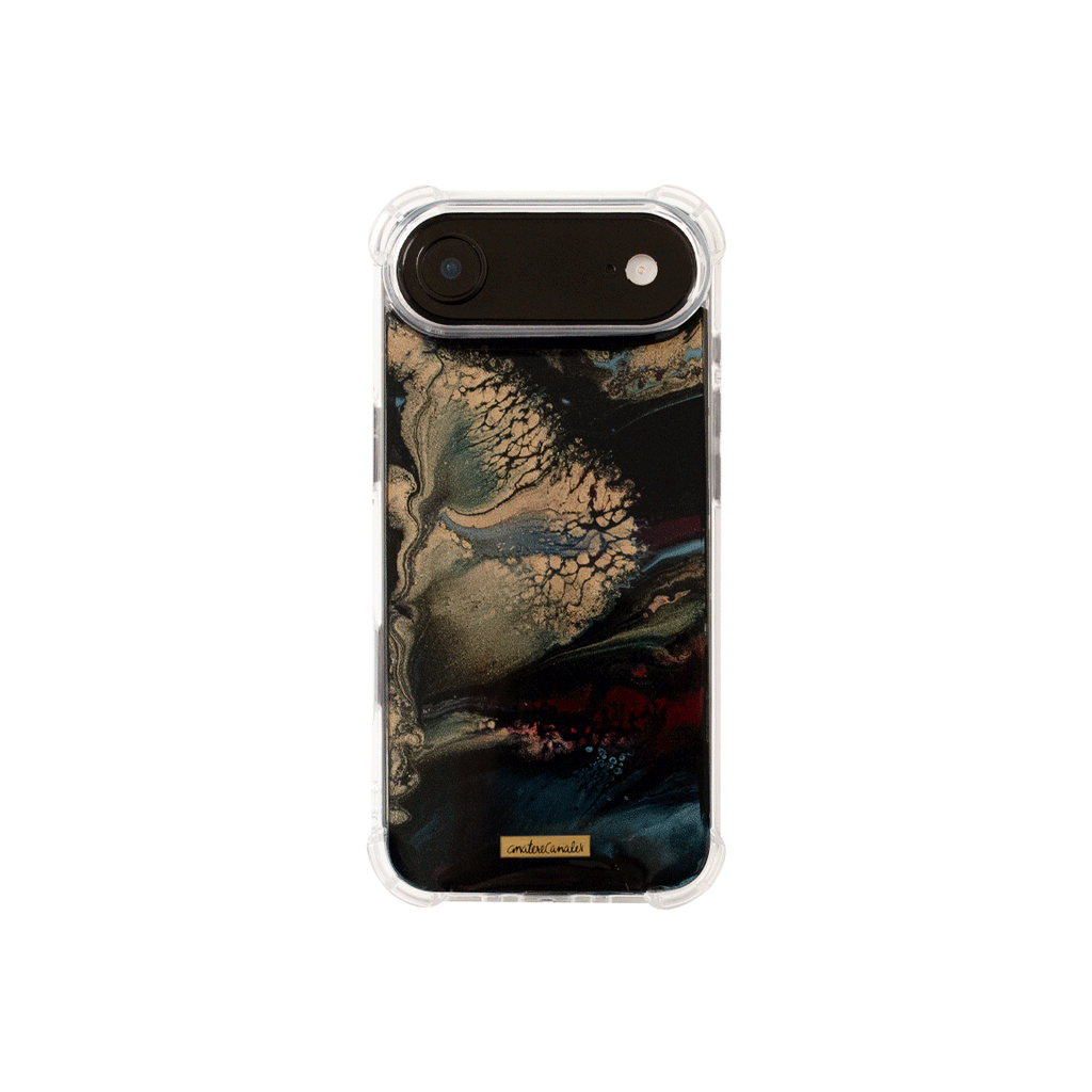 Funda para proteger iPhone, pintada a mano por Ana Tere Canales. Un diseño en colores azules, verde y dorado. Inspirado en nuestro mundo interior, conectar con nuestra esencia, escuchar a nuestro corazón.