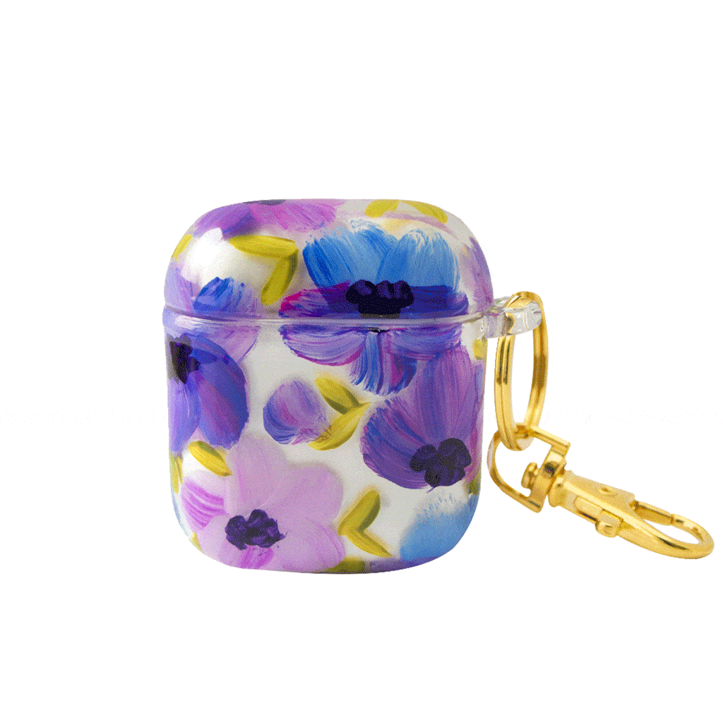 Funda para proteger iPhone, pintada a mano por Ana Tere Canales. Un diseño de flores en morados y verdes.