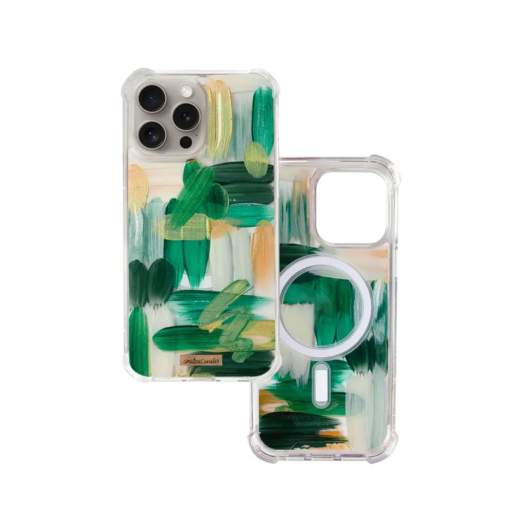 Funda magsade para proteger tu iPhone, pintada a mano por Ana Tere Canales. Un diseño en tonos verdes con toques dorados.