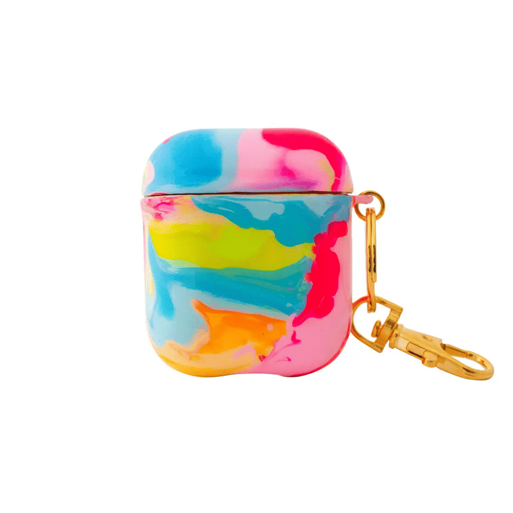Funda para proteger AirPods, pintado a mano por Ana Tere Canales. Un diseño diseño mármol en colores vibrantes.
