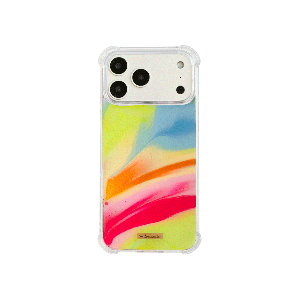Funda para proteger iPhone, pintada a mano por Ana Tere Canales. Un diseño diseño mármol en colores vibrantes.