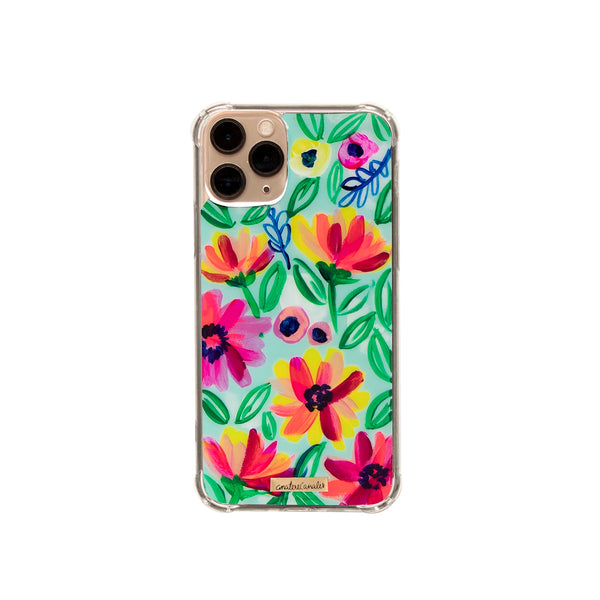 Funda para iPhone Paraíso pintada a mano por Ana Tere Canales. Un diseño artístico inspirado en un paraíso tropical en tonos azul, verde y arena