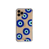 Funda para iPhone Santorini pintada a mano por Ana Tere Canales. Un diseño artístico inspirado en el Ojo Griego y la isla de Santorini en tonos azul y blanco.