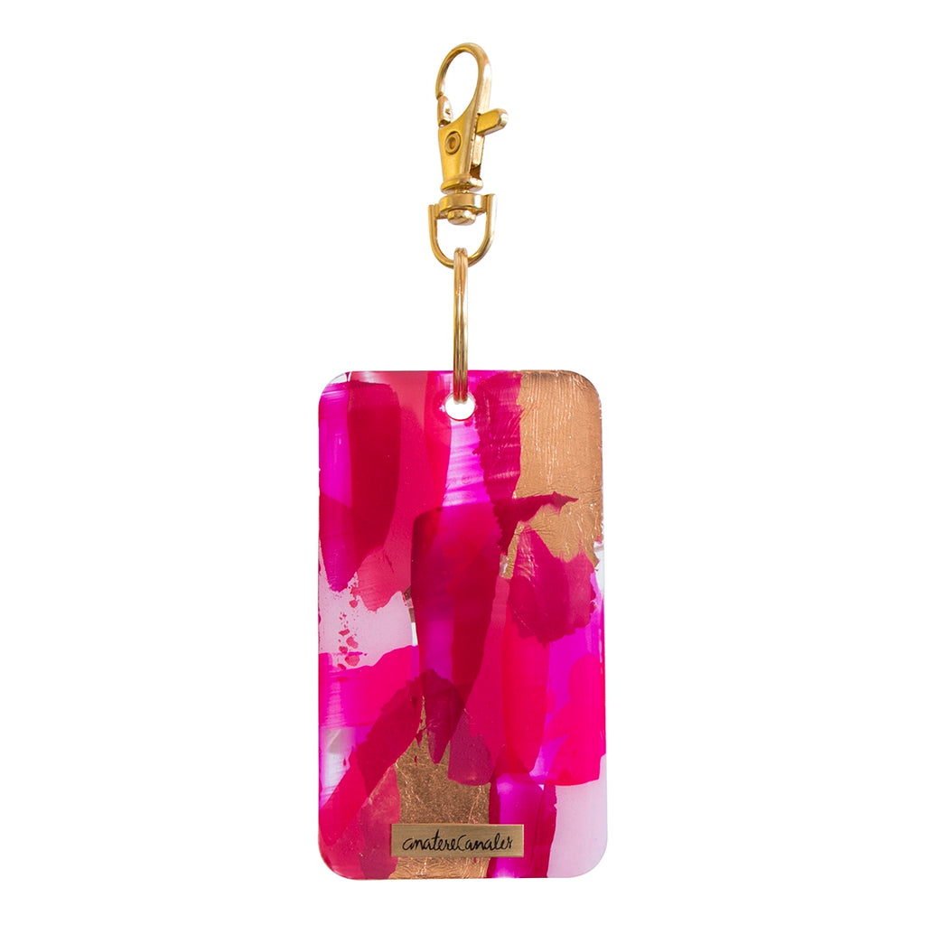 Llavero Torino Rose pintada a mano por Ana Tere Canales. Un diseño artístico en tonos rosa suaves y estilo contemporáneo.