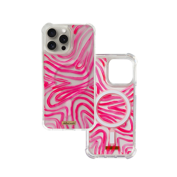 Funda MagSafe para proteger iPhone, pintada a mano por Ana Tere Canales. Un diseño color rosa neon con transparencias.