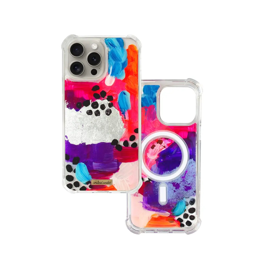 Funda magsafe para proteger iPhone, pintada a mano por Ana Tere Canales. Un diseño de colores rojos, morado, rosa, blanco, negro y toques plateados.