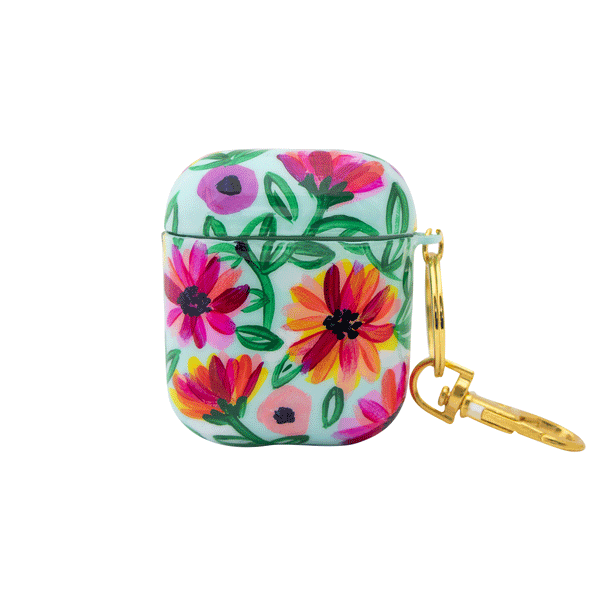 Funda para AirPods Paraíso pintados a mano por Ana Tere Canales. Un diseño artístico inspirado en un paraíso tropical en tonos azul, verde y arena